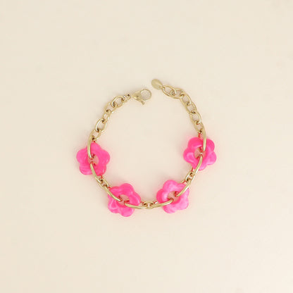 Bracelet - 4 fleurs en résine fuchsia et maillons ovales (17+3 cm / dimension approximative d'une fleur: 20 x 20 mm)