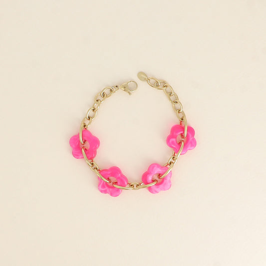 Bracelet - 4 fleurs en résine fuchsia et maillons ovales (17+3 cm / dimension approximative d'une fleur: 20 x 20 mm)