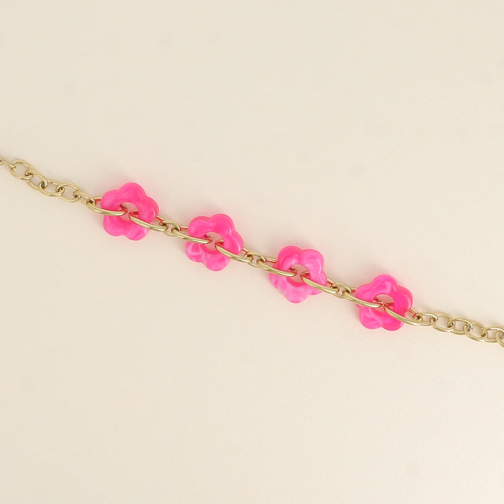 Bracelet - 4 fleurs en résine fuchsia et maillons ovales (17+3 cm / dimension approximative d'une fleur: 20 x 20 mm)