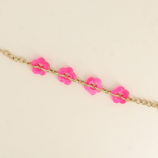 Bracelet - 4 fleurs en résine fuchsia et maillons ovales (17+3 cm / dimension approximative d'une fleur: 20 x 20 mm)