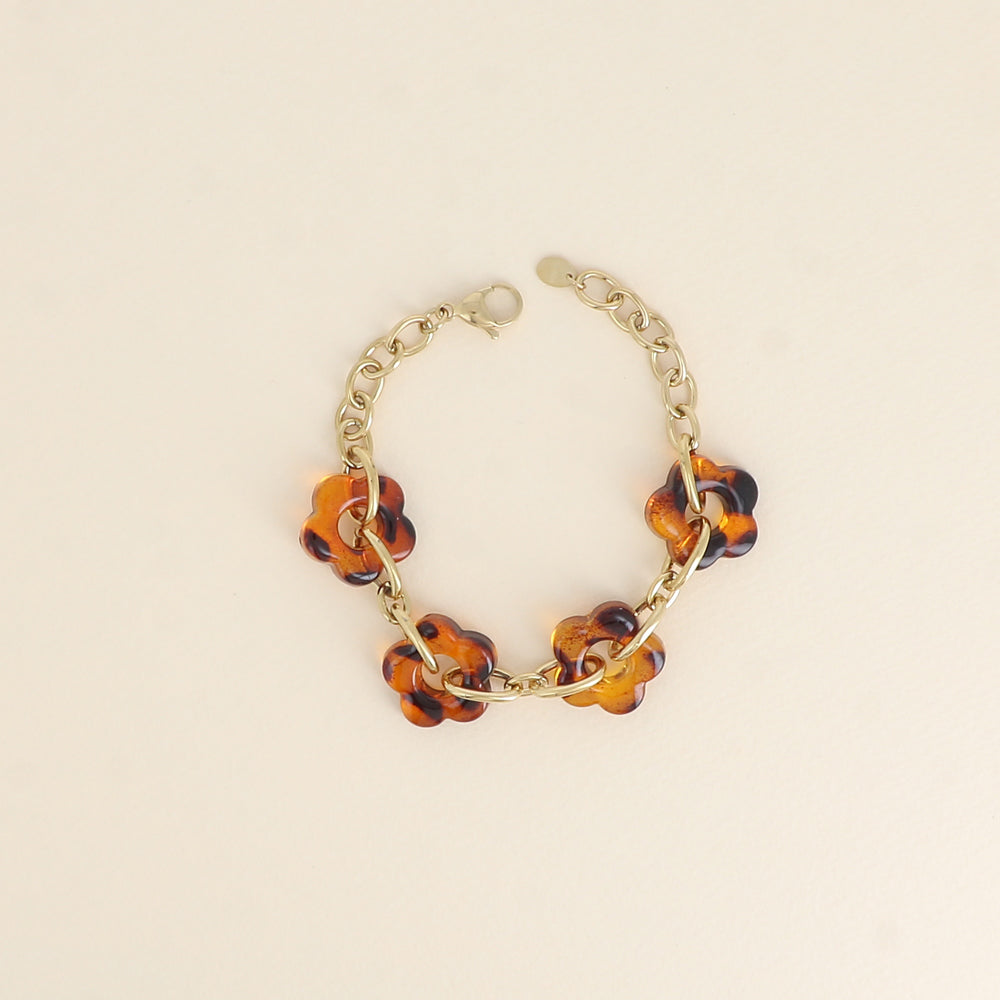 Bracelet - 4 fleurs en résine léopard et maillons ovales (17+3 cm / dimension approximative d'une fleur: 20 x 20 mm)