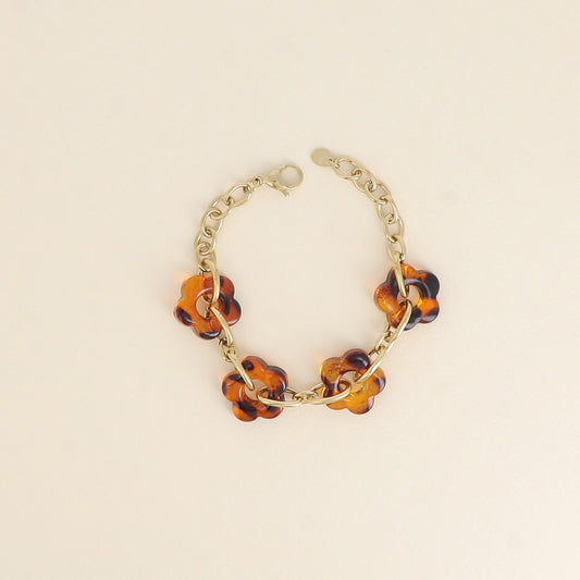 Bracelet - 4 fleurs en résine léopard et maillons ovales (17+3 cm / dimension approximative d'une fleur: 20 x 20 mm)