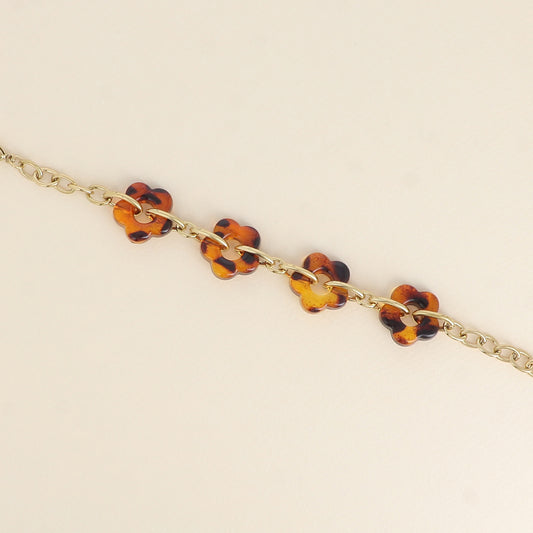 Bracelet - 4 fleurs en résine léopard et maillons ovales (17+3 cm / dimension approximative d'une fleur: 20 x 20 mm)