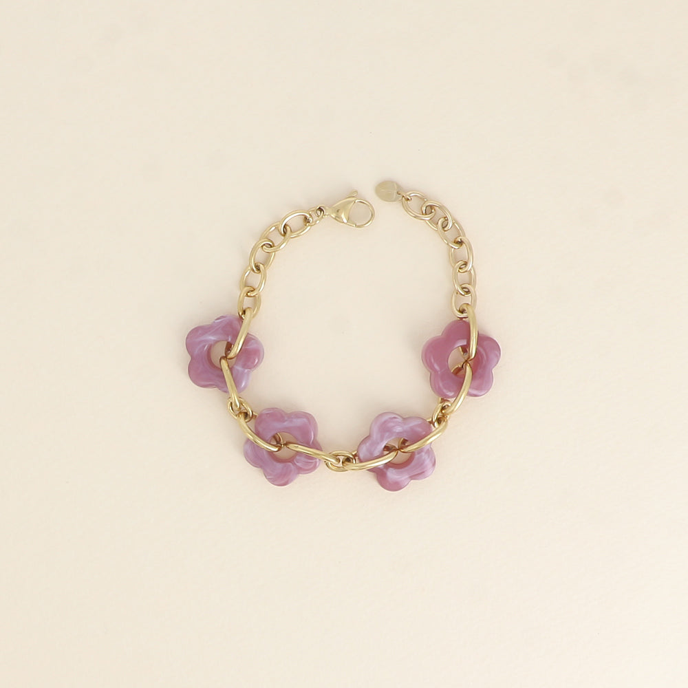 Bracelet - 4 fleurs en résine lilas et maillons ovales (17+3 cm / dimension approximative d'une fleur: 20 x 20 mm)