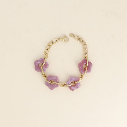 Bracelet - 4 fleurs en résine lilas et maillons ovales (17+3 cm / dimension approximative d'une fleur: 20 x 20 mm)