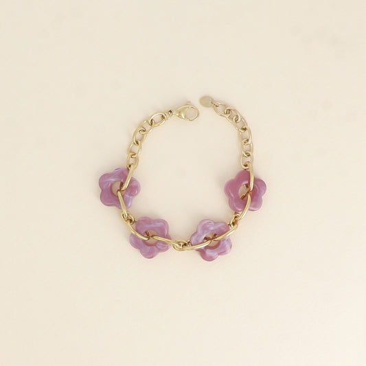 Bracelet - 4 fleurs en résine lilas et maillons ovales (17+3 cm / dimension approximative d'une fleur: 20 x 20 mm)