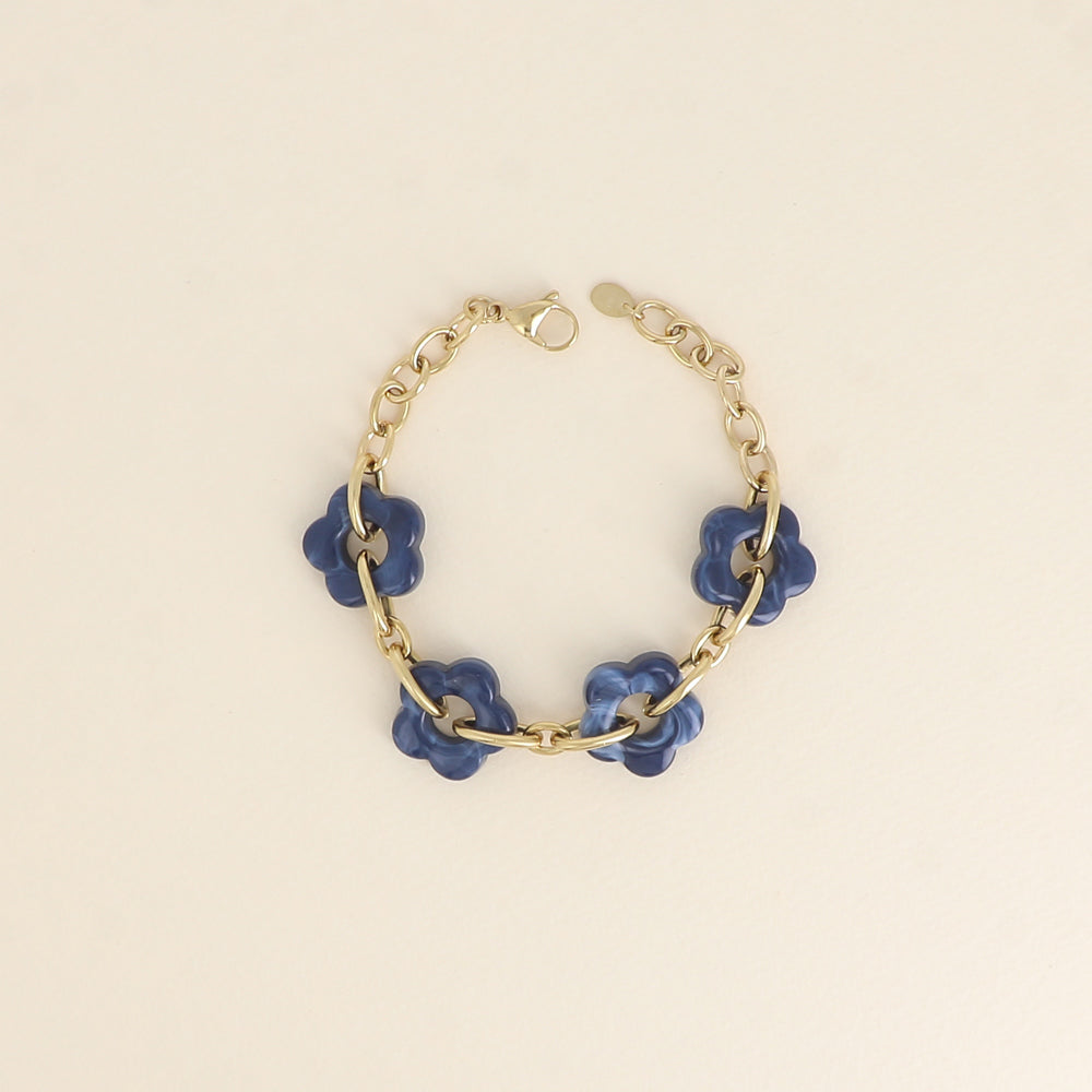 Bracelet - 4 fleurs en résine marine et maillons ovales (17+3 cm / dimension approximative d'une fleur: 20 x 20 mm)