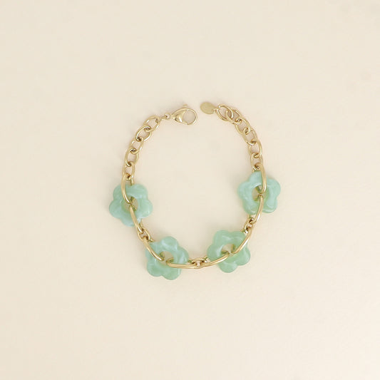 Bracelet - 4 fleurs en résine verte et maillons ovales (17+3 cm / dimension approximative d'une fleur: 20 x 20 mm)