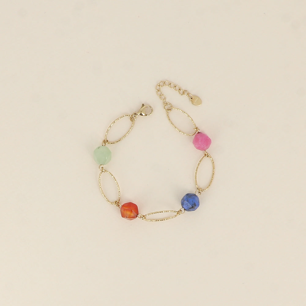 Bracelet - maillons ovales striés et pierres naturelles (17+3 cm)