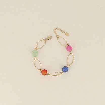 Bracelet - maillons ovales striés et pierres naturelles (17+3 cm)