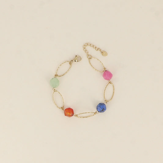 Bracelet - maillons ovales striés et pierres naturelles (17+3 cm)