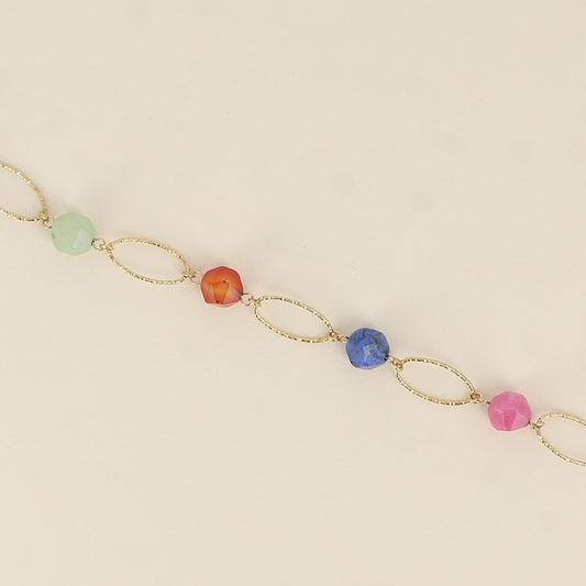 Bracelet - maillons ovales striés et pierres naturelles (17+3 cm)