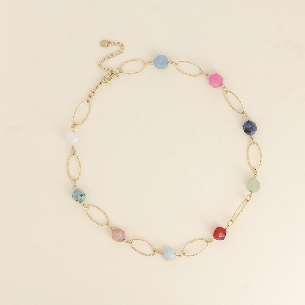 Collier - maillons ovales striés et pierres naturelles 45+5 cm