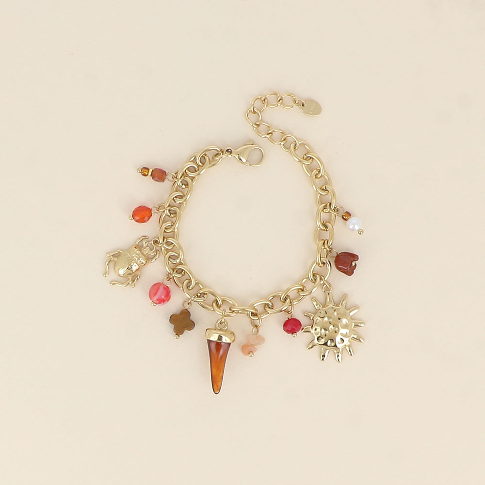 Bracelet - trèfle en pierre naturelle, scarabée, soleil, corne en résine (16+3 cm)