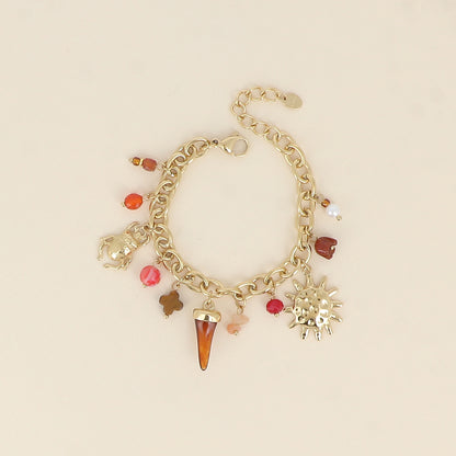 Bracelet - trèfle en pierre naturelle, scarabée, soleil, corne en résine (16+3 cm)