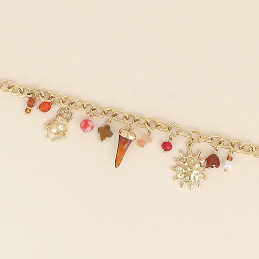 Bracelet - trèfle en pierre naturelle, scarabée, soleil, corne en résine (16+3 cm)