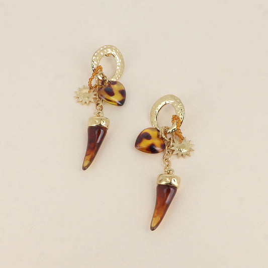 Créoles - anneau ovale martelé, soleil, cœur et corne en résine 3x9 cm