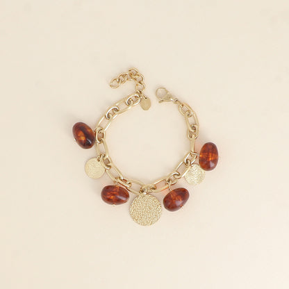 Bracelet - perles en résine marrons et pampilles rondes texturées (17,5+5 cm)