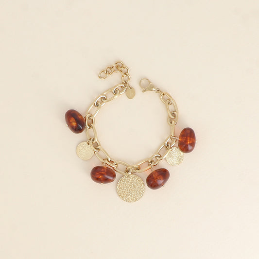 Bracelet - perles en résine marrons et pampilles rondes texturées (17,5+5 cm)