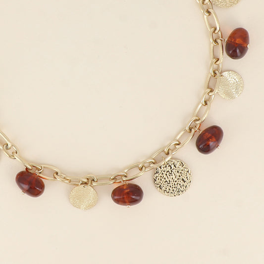 Collier - perles en résine marron et pampilles rondes texturées 40+5 cm