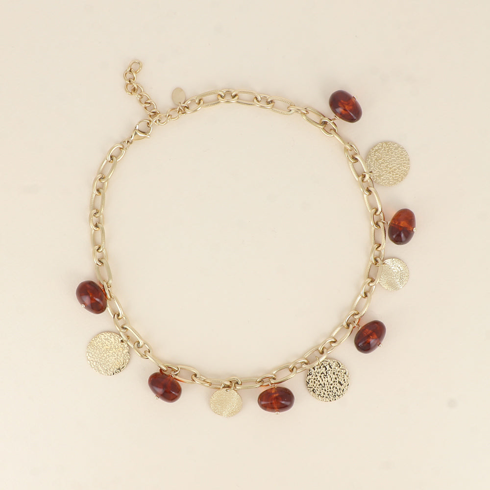 Collier - perles en résine marron et pampilles rondes texturées 40+5 cm