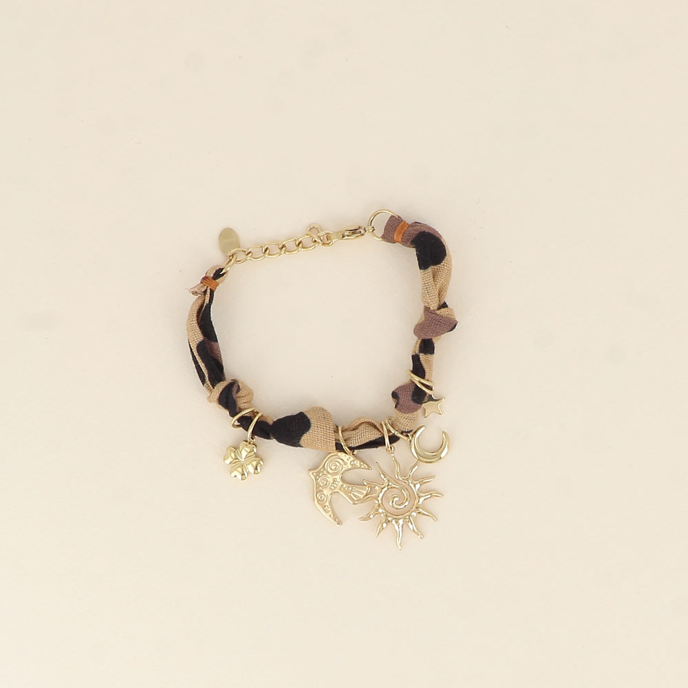 Bracelet - ruban, tissu léopard et breloques (soleil, oiseau, lune, étoile, trèfle) (16+3 cm)