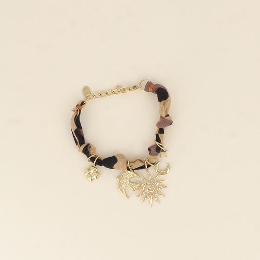 Bracelet - ruban, tissu léopard et breloques (soleil, oiseau, lune, étoile, trèfle) (16+3 cm)