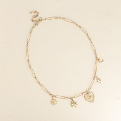 Collier - breloques (fleur, trèfle, cœur, étoile et lune) 39+7 cm