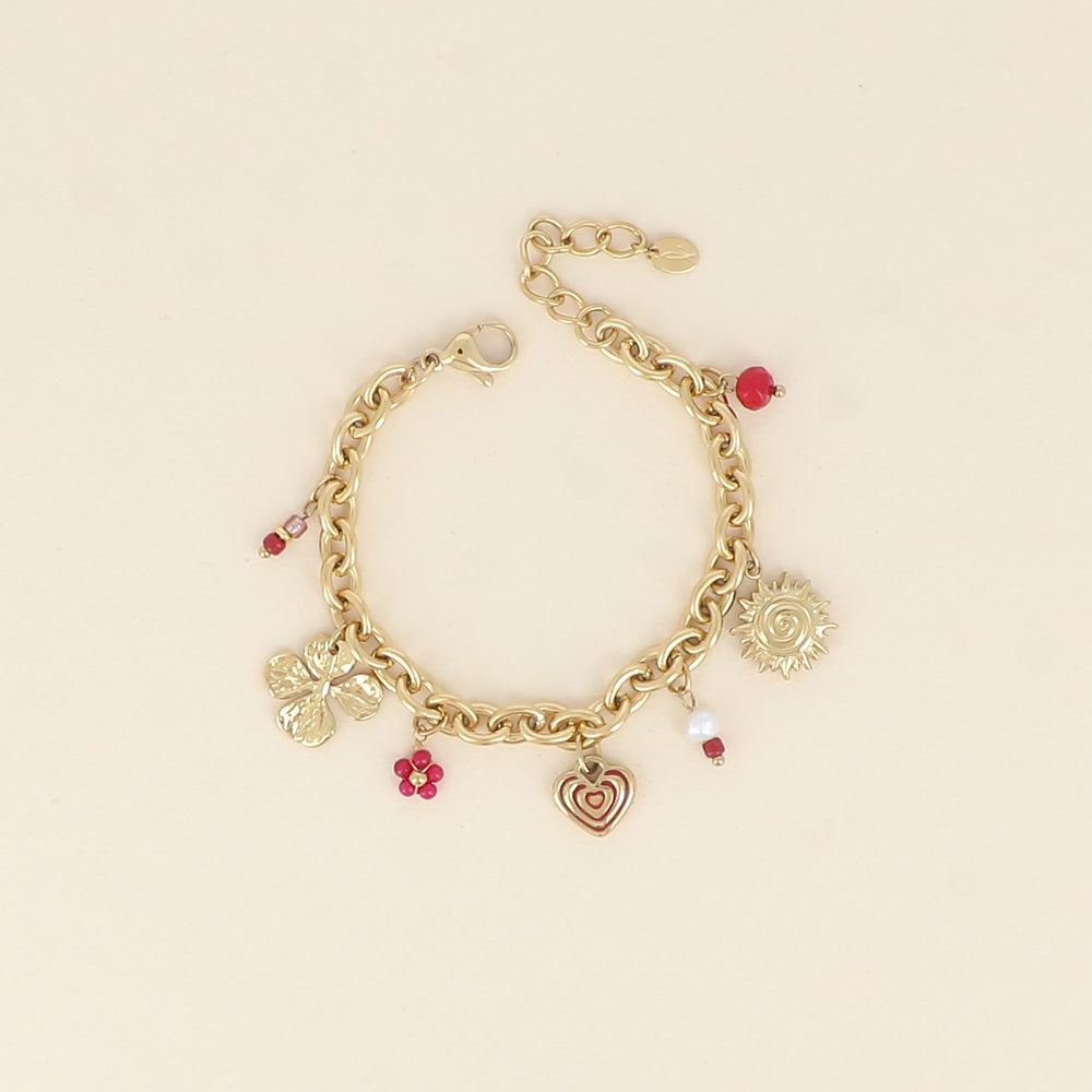 Bracelet - breloques soleil, cœur, trèfle et perles (17+3 cm)