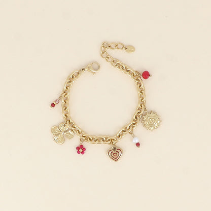 Bracelet - breloques soleil, cœur, trèfle et perles (17+3 cm)