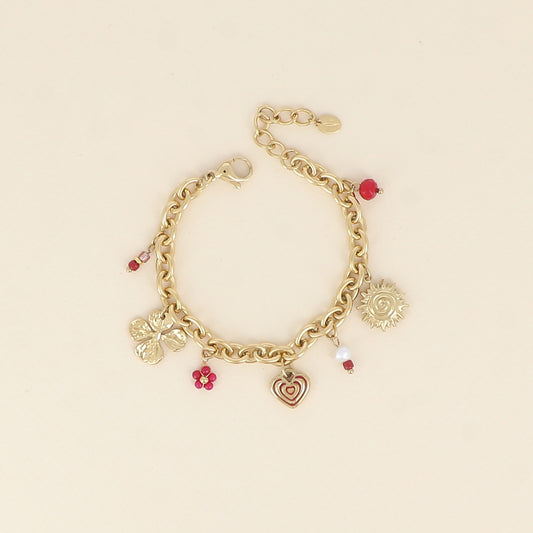 Bracelet - breloques soleil, cœur, trèfle et perles (17+3 cm)