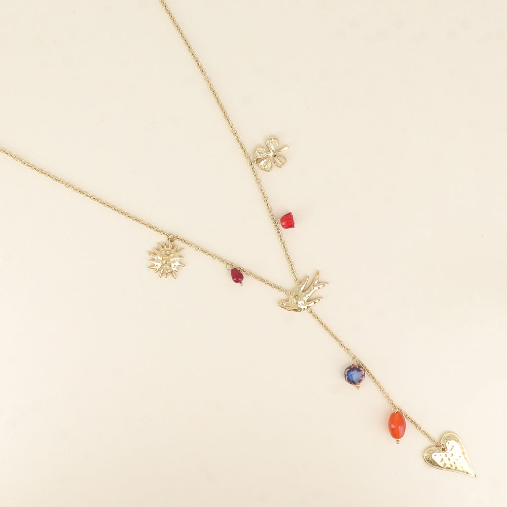 Collier en Y - breloques fleur, oiseau, trèfle, cœur et perles en céramique émaillée 64+5 cm