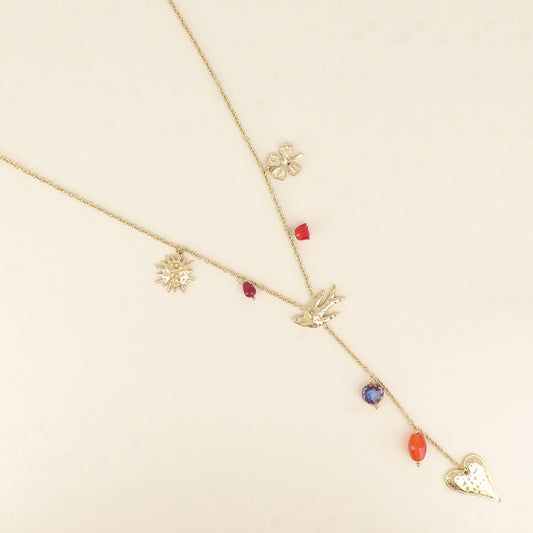 Collier en Y - breloques fleur, oiseau, trèfle, cœur et perles en céramique émaillée 64+5 cm