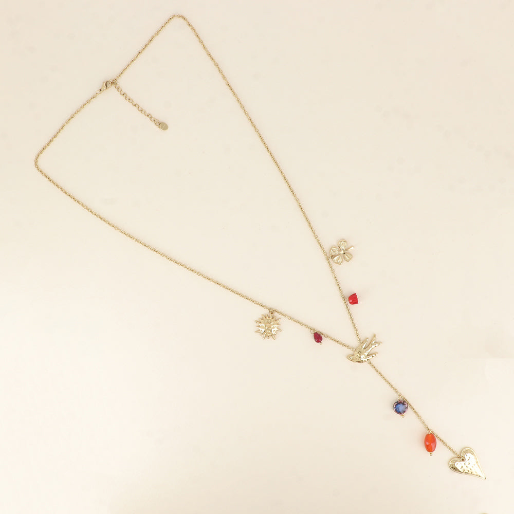 Collier en Y - breloques fleur, oiseau, trèfle, cœur et perles en céramique émaillée 64+5 cm