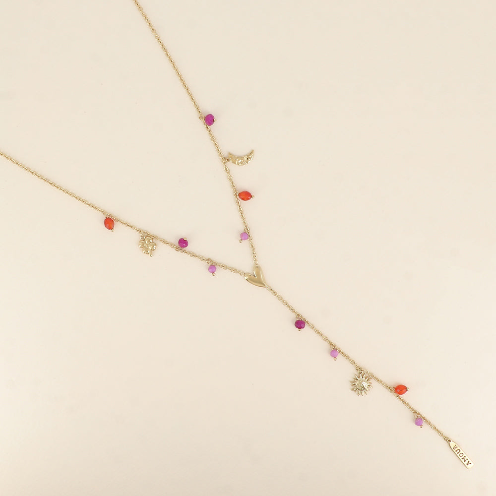 Collier en Y - breloques trèfle, lune, cœur, soleil, plaquette AMOUR en émail, perles 64+5 cm