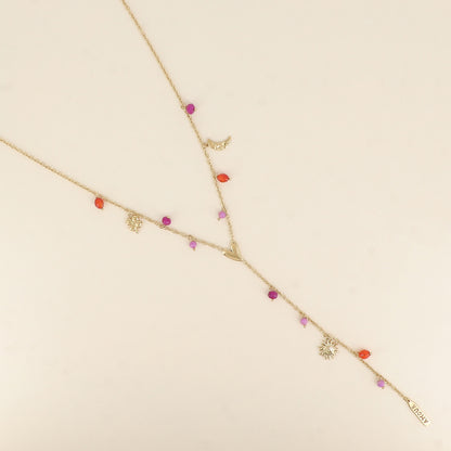 Collier en Y - breloques trèfle, lune, cœur, soleil, plaquette AMOUR en émail, perles 64+5 cm