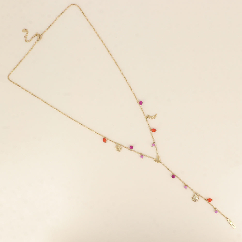 Collier en Y - breloques trèfle, lune, cœur, soleil, plaquette AMOUR en émail, perles 64+5 cm