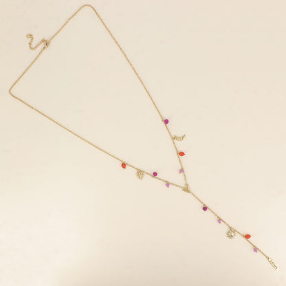 Collier en Y - breloques trèfle, lune, cœur, soleil, plaquette AMOUR en émail, perles 64+5 cm