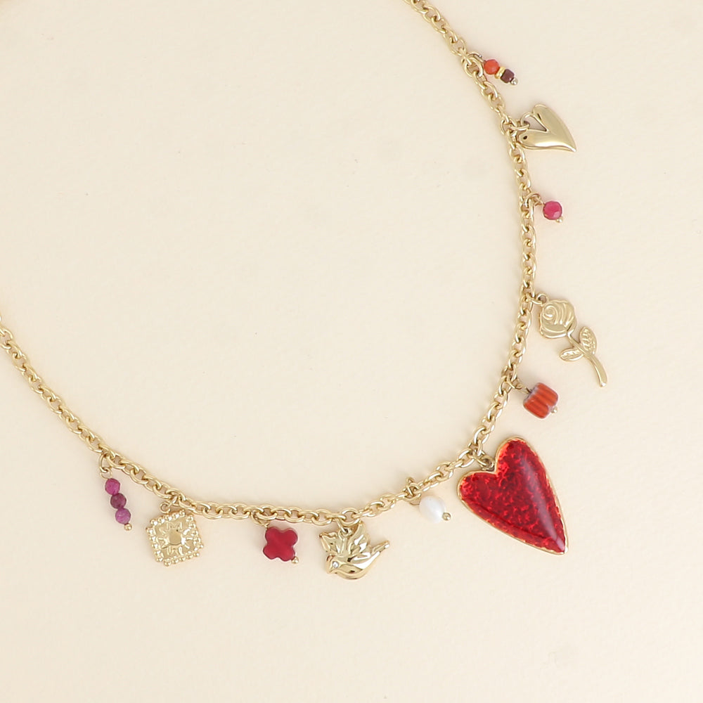 Collier - carré, oiseau, cœurs, fleur, pierres naturelles, céramique et émail 40+5 cm
