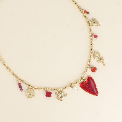 Collier - carré, oiseau, cœurs, fleur, pierres naturelles, céramique et émail 40+5 cm