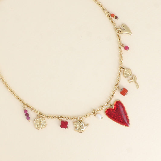 Collier - carré, oiseau, cœurs, fleur, pierres naturelles, céramique et émail 40+5 cm