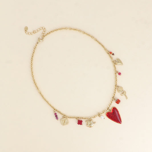 Collier - carré, oiseau, cœurs, fleur, pierres naturelles, céramique et émail 40+5 cm