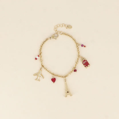 Bracelet - tour Eiffel, avions, cœur, bouche et plaquette AMOUR en émail (17+3 cm)