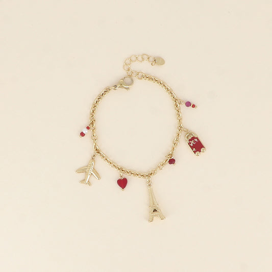 Bracelet - tour Eiffel, avions, cœur, bouche et plaquette AMOUR en émail (17+3 cm)