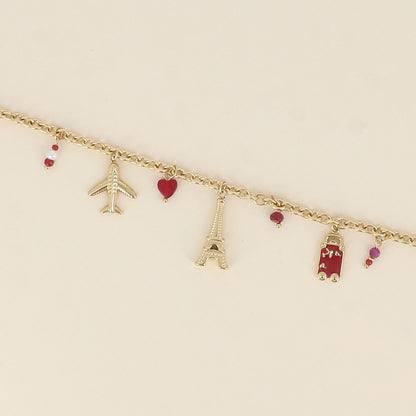 Bracelet - tour Eiffel, avions, cœur, bouche et plaquette AMOUR en émail (17+3 cm)