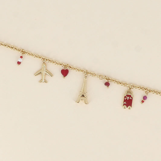 Bracelet - tour Eiffel, avions, cœur, bouche et plaquette AMOUR en émail (17+3 cm)