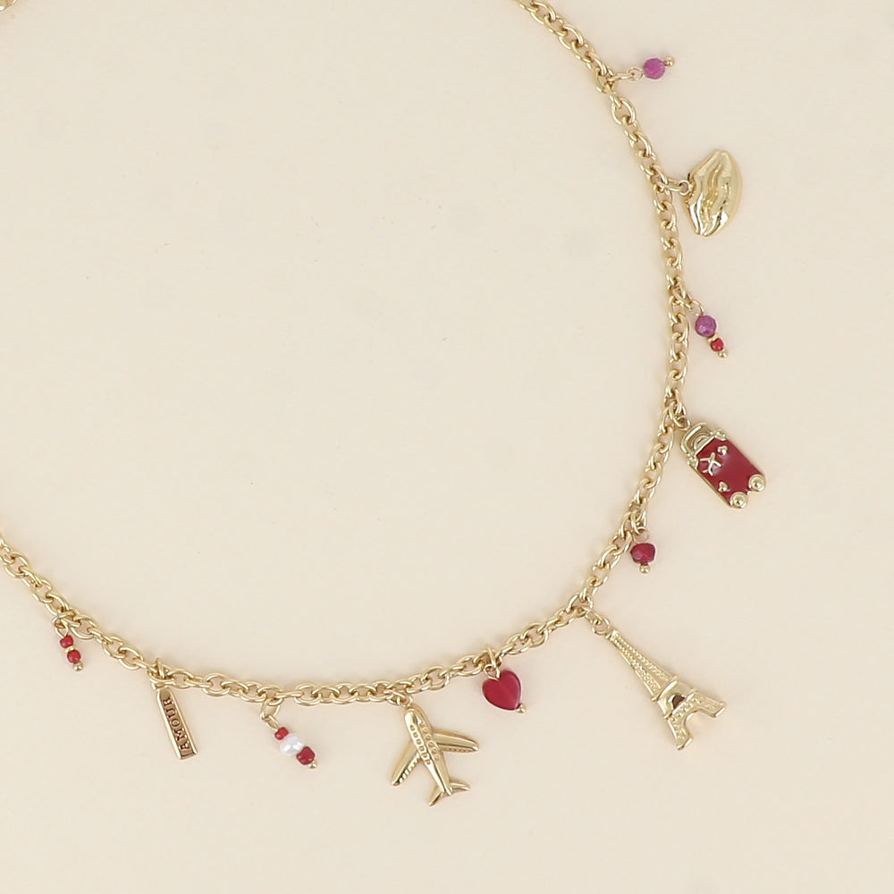 Collier - tour Eiffel, avions, cœur, bouche et plaquette AMOUR en émail 40+5 cm