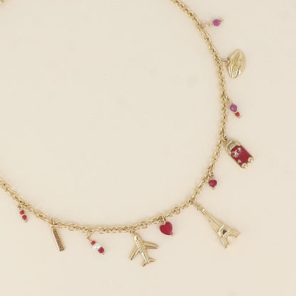 Collier - tour Eiffel, avions, cœur, bouche et plaquette AMOUR en émail 40+5 cm