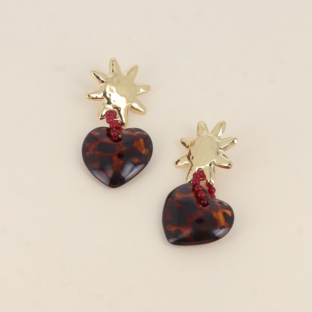 Boucles pendantes - 3 pièces (soleil, cœur en résine léopard et anneau perlé)
