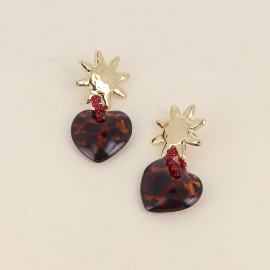 Boucles pendantes - 3 pièces (soleil, cœur en résine léopard et anneau perlé)